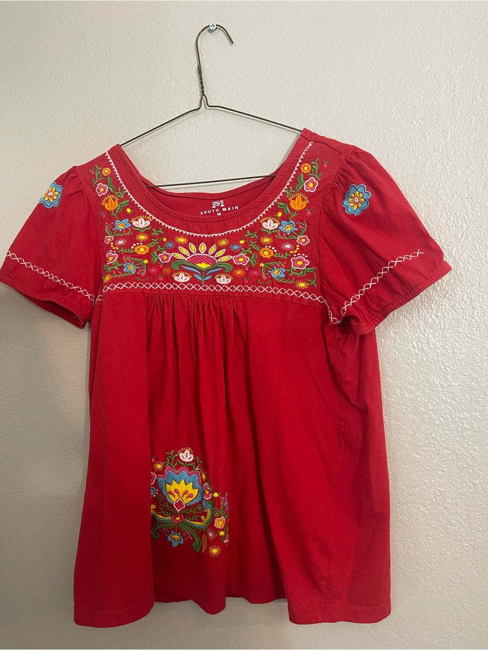 South Main Red Embroidered Short Sleeve Tee